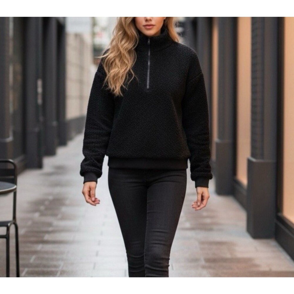 Fabletics Dream Polar Fleece Pullover Womens Black Sherpa 1/2 Zip Cropped Large